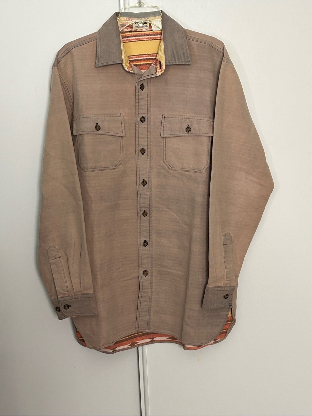 L.L. Bean Men's Taupe Lightweight Shirt Jacket with Striped Inner Lining